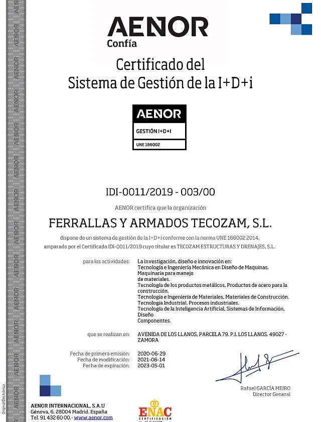 Certificado I + D + i - FERRALLAS Y ARMADOS TECOZAM