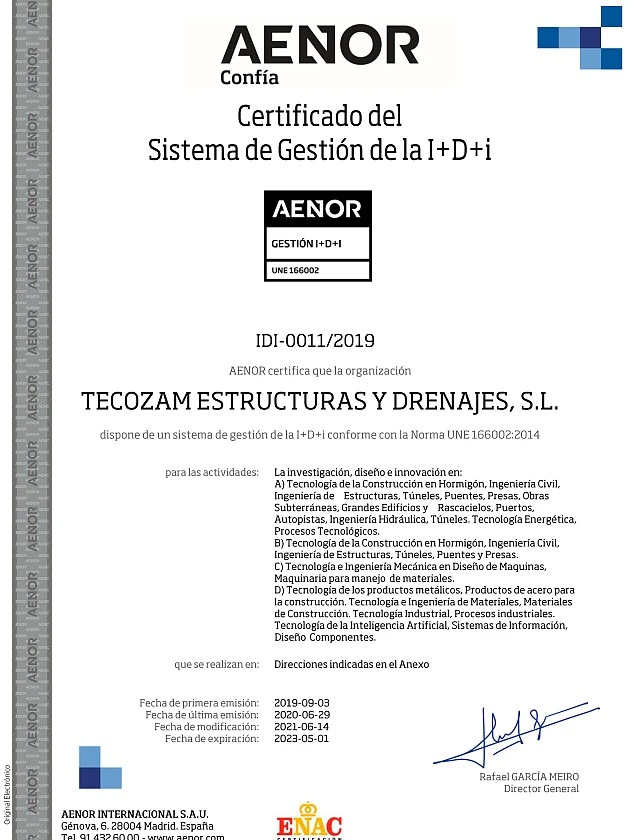 Certificado I + D + i - TECOZAM ESTRUCTURAS Y DRENAJES