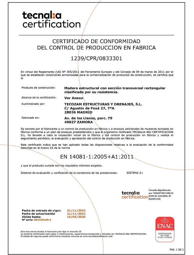 CERTIFICADO DE CONFORMIDAD DEL CONTROL DE PRODUCCION EN FABRICA 1239/CPR/0833301