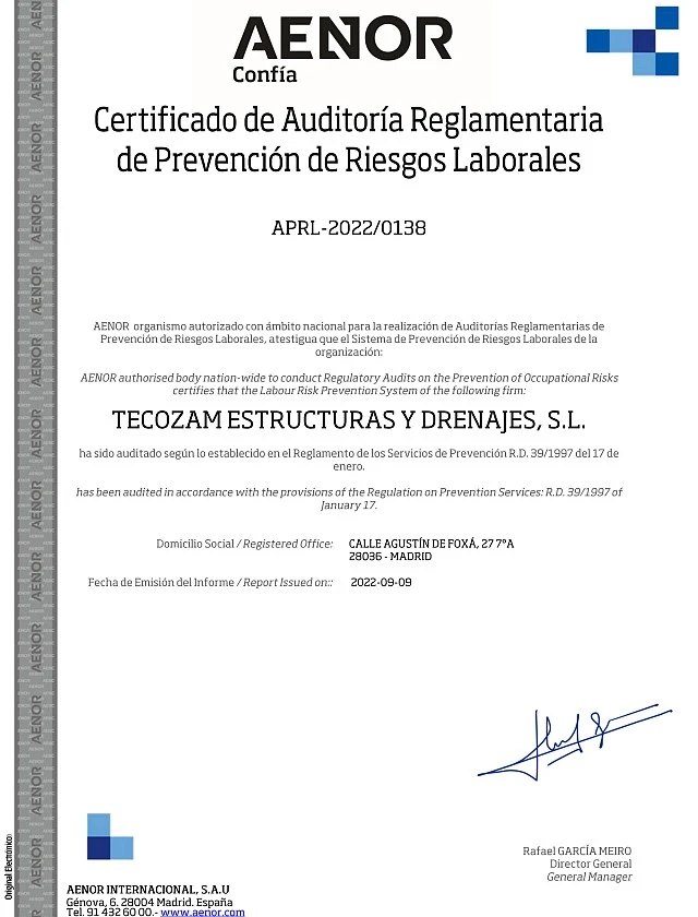 CERTIFICADO DE AUDITORIA REGLAMENTARIA DE PREVENCION DE RIESGOS LABORALES