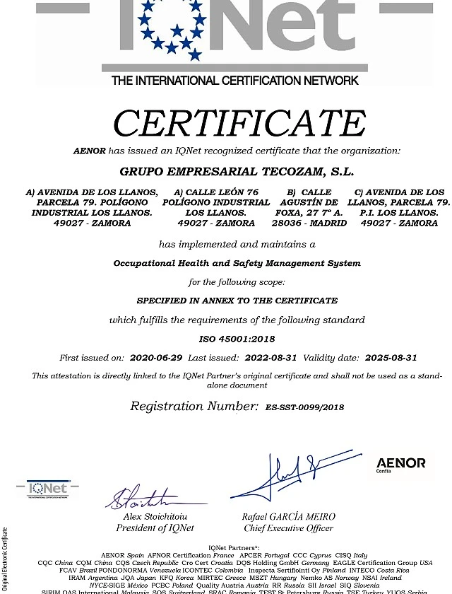 IQNet - ISO 45001 - SST-0099/2018 - GRUPO EMPRESARIAL TECOZAM S.L.